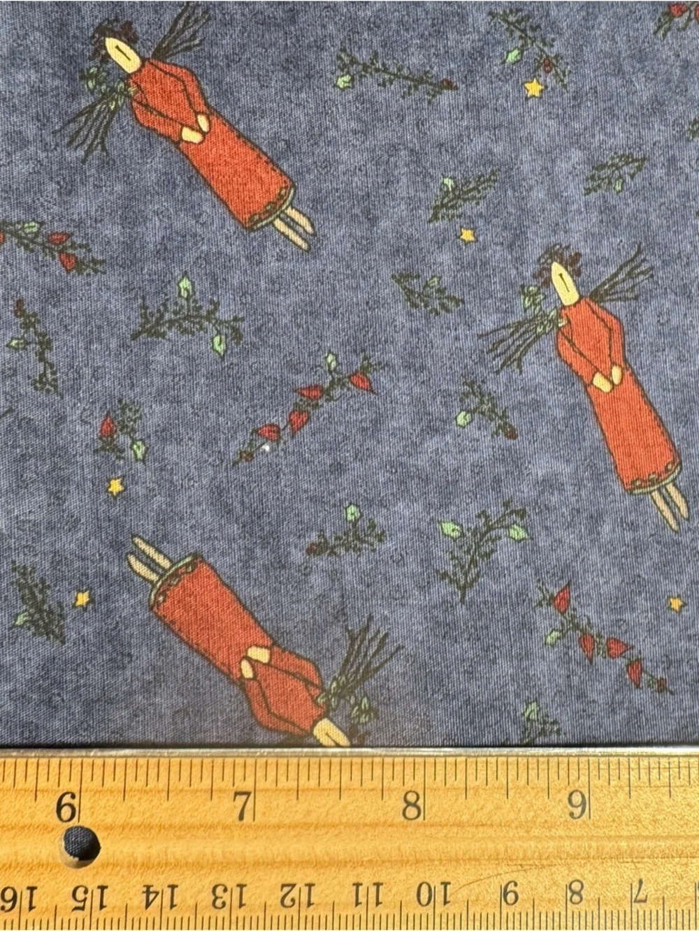 2 Yards Whimsical Red Doll Print on Heather Blue Cotton Quilt Fabric #370